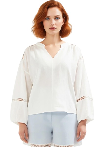 Kadın Pamuk Bluz Müslin Kumaş Hakim Yaka Balon Kol Büyük Beden Yazlık Kaliteli Şık Rahat Modern fiyatları