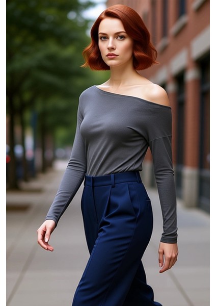 Kadın Şık Regular Kayık Yaka Düşük Kol Slim Kalıp Örme Düz Yumuşak Kumaşlı Fitted Vücuda Oturan Bluz fırsatları