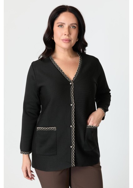 Büyük Beden Ribana Detaylı Triko Hırka-Siyah