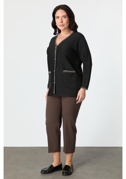 Büyük Beden Ribana Detaylı Triko Hırka-Siyah fiyatları