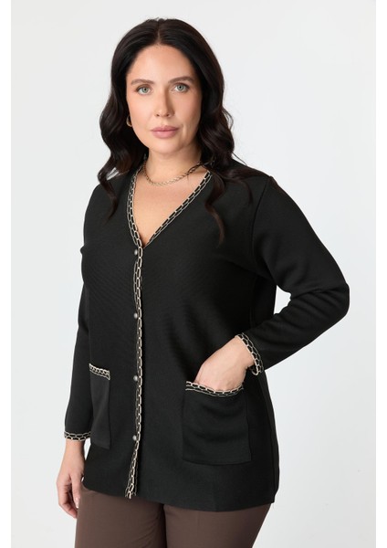 Büyük Beden Ribana Detaylı Triko Hırka-Siyah modelleri