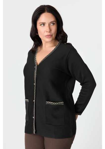 Büyük Beden Ribana Detaylı Triko Hırka-Siyah fırsatları