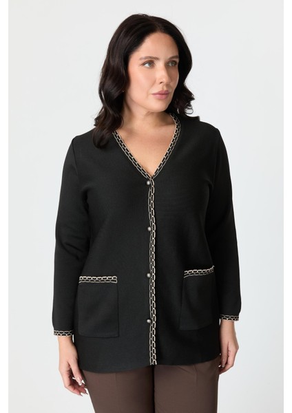 Büyük Beden Ribana Detaylı Triko Hırka-Siyah indirimleri