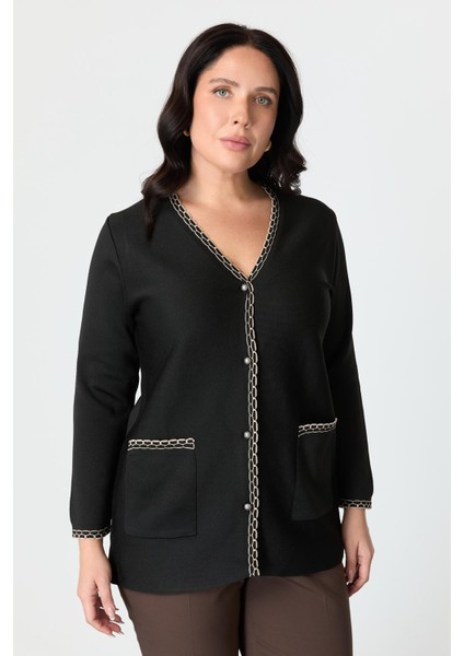 Büyük Beden Ribana Detaylı Triko Hırka-Siyah