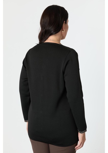 Büyük Beden Ribana Detaylı Triko Hırka-Siyah