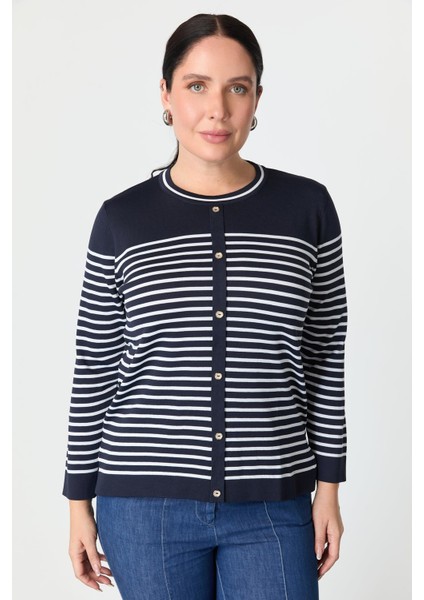 Büyük Beden Çizgili Triko Kazak-Lacı