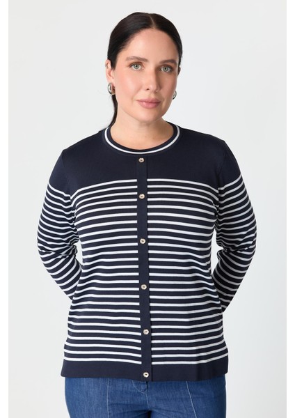 Büyük Beden Çizgili Triko Kazak-Lacı fırsatları