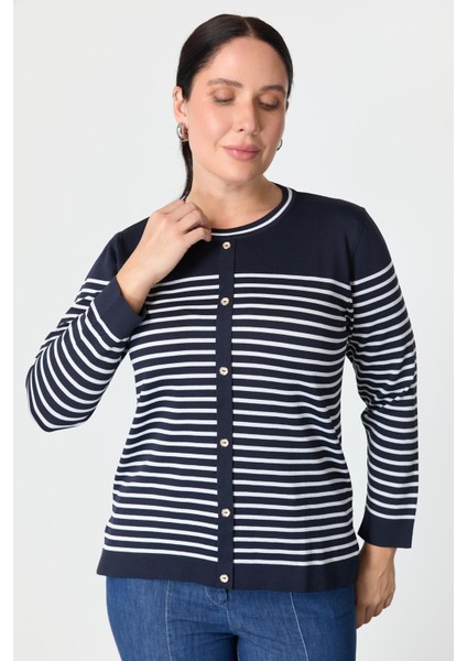 Büyük Beden Çizgili Triko Kazak-Lacı