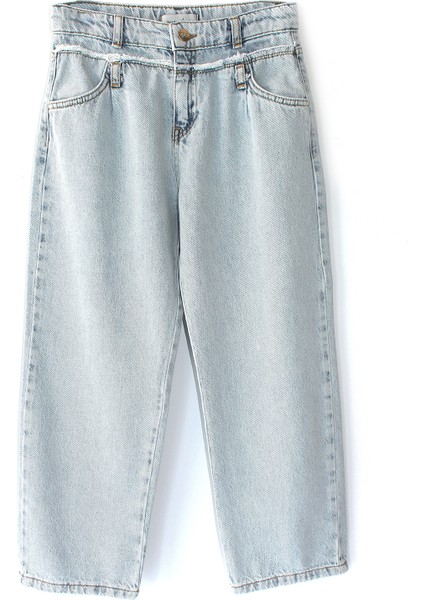 Kemer Altı Püsküllü Straight Tapered Fit Kız Çocuk Denim Pantolon Buz Mavi Kız Kot Pantolon