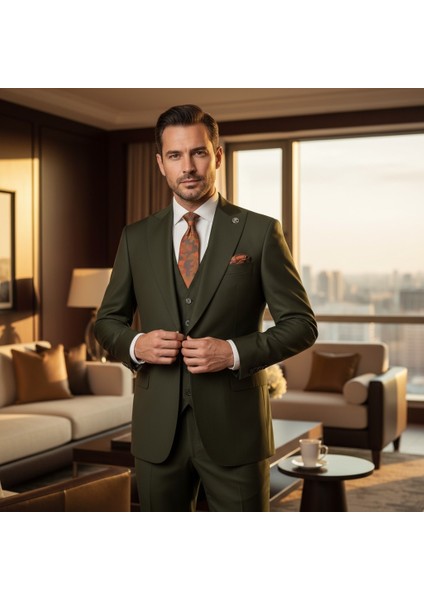 Erkek Takım Elbise, Kırlangıç Yaka, Blazer, Slımfıt, Haki Yeşili