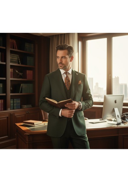 Erkek Takım Elbise, Kırlangıç Yaka, Blazer, Slımfıt, Haki Yeşili