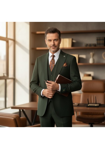 Erkek Takım Elbise, Kırlangıç Yaka, Blazer, Slımfıt, Haki Yeşili