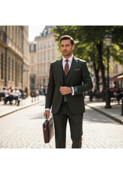 Erkek Takım Elbise, Kırlangıç Yaka, Blazer, Slımfıt, Haki Yeşili