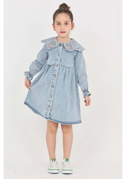 Kız Çocuk Yaka Detaylı ve Boydan Düğmeli Jean Elbise 12339 fiyatları