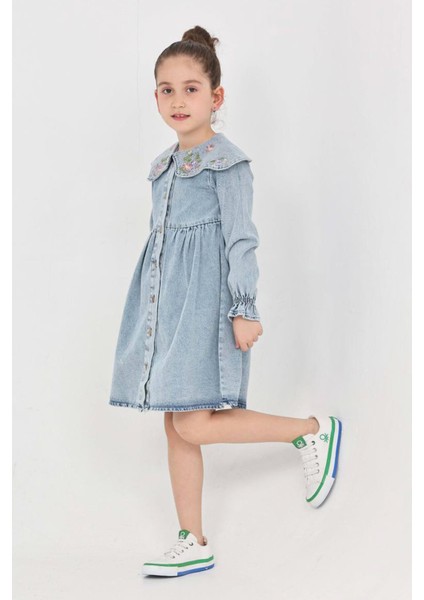 Kız Çocuk Yaka Detaylı ve Boydan Düğmeli Jean Elbise 12339 modelleri