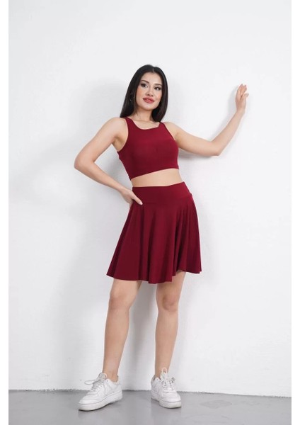 Sendy Kumaş Bisiklet Yaka Crop Şortlu Etek Ikili Takım - Bordo