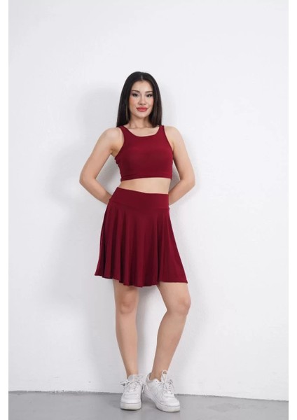 Sendy Kumaş Bisiklet Yaka Crop Şortlu Etek Ikili Takım - Bordo fiyatları