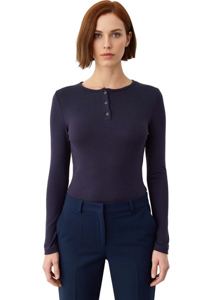 Kadın Uzun Kollu Düğmeli Bisiklet Yaka Fitted Örme Üst Kaliteli Şık Rahat Modern Zarif Günlük