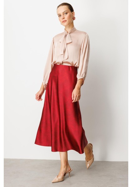 Beli Lastikli Saten Görünüm Etek-Bordo