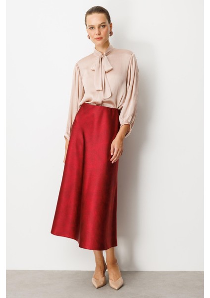 Beli Lastikli Saten Görünüm Etek-Bordo fırsatları