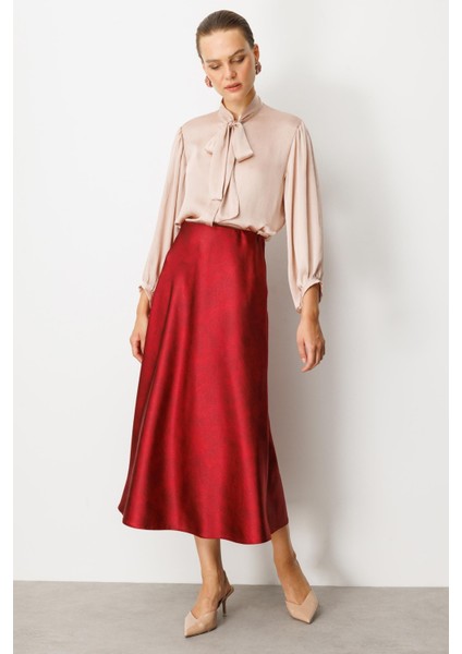 Beli Lastikli Saten Görünüm Etek-Bordo indirimleri