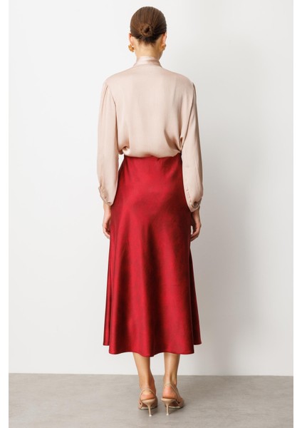 Beli Lastikli Saten Görünüm Etek-Bordo