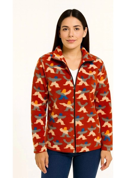 Kadın Tam Fermuarlı Desenli Polar Sweat – Siyah Multicolor Figür Desen Yakalı, Uzun Kollu, Oversize Rahat Kalıp - Kiremit