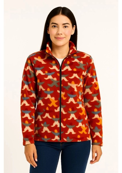 Kadın Tam Fermuarlı Desenli Polar Sweat – Siyah Multicolor Figür Desen Yakalı, Uzun Kollu, Oversize Rahat Kalıp - Kiremit fırsatları