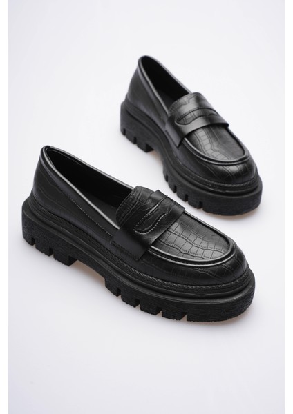 Kadın Deri Loafer Oxford Krokodil Desenli Kalın Comfort Tabanlı Siyah Carmin