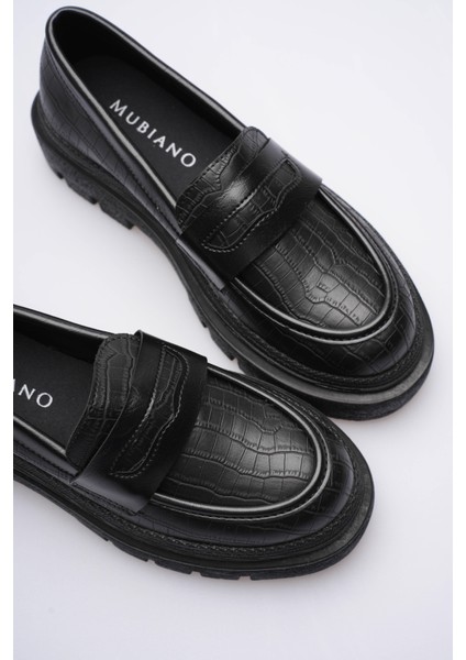 Kadın Deri Loafer Oxford Krokodil Desenli Kalın Comfort Tabanlı Siyah Carmin fırsatları