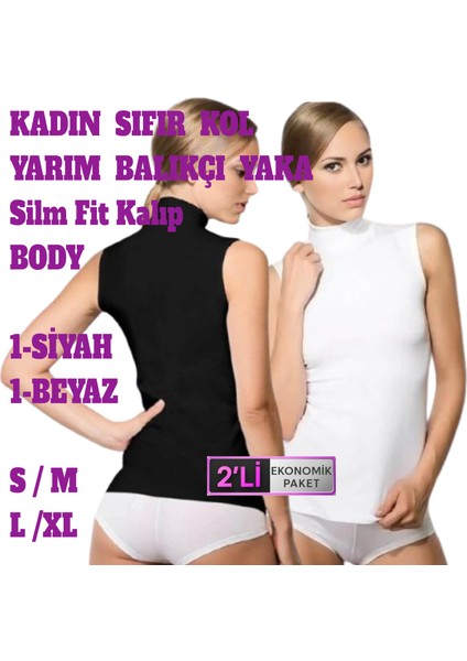 Kadın Dikişsiz Sıfır Kol Boğazlı Balıkçı Yaka T-Shirt Body Atlet 2 Adet Siyah Beyaz Renkli