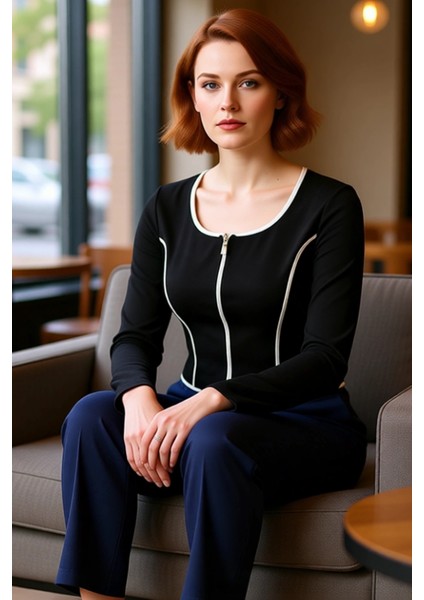 Kadın Uzun Kollu Fermuarlı Bluz Vücuda Oturan Kesim Esnek Örme Crop Model Kontrast Biye Detayları