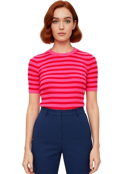 Kadın Moda Şık Üst Giyim Regular Bisiklet Yaka Regular Kalıp Triko Basic Çizgili Kazak fiyatları