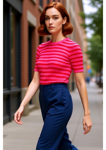 Kadın Moda Şık Üst Giyim Regular Bisiklet Yaka Regular Kalıp Triko Basic Çizgili Kazak fırsatları