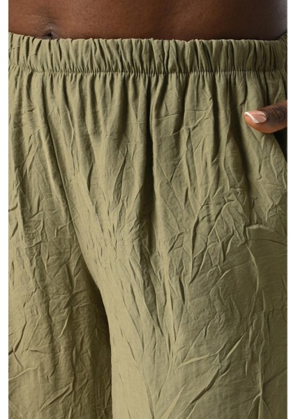Kadın Beli Lastikli Bol Paça Kırışık Kumaş Düz Renk Pantolon modelleri