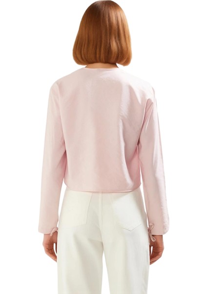 Kadın V Yaka Bağcıklı Uzun Kollu Dokuma Bluz Kaliteli Şık Rahat Modern Zarif Günlük fırsatları