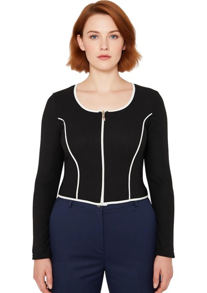 Kadın Uzun Kollu Fermuarlı Bluz Vücuda Oturan Kesim Esnek Örme Crop Model Kontrast Biye Detayları fiyatları