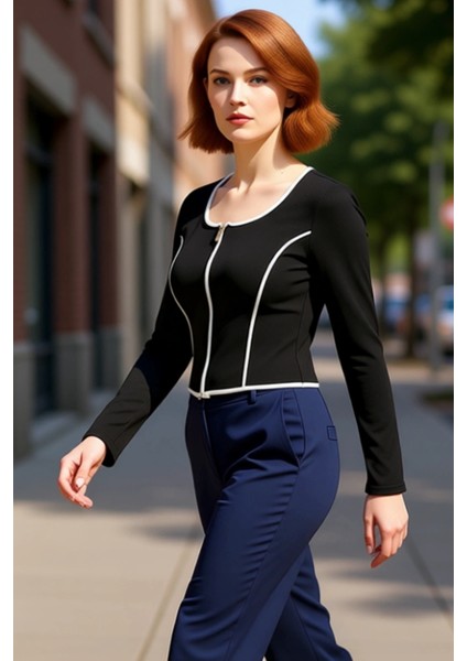 Kadın Uzun Kollu Fermuarlı Bluz Vücuda Oturan Kesim Esnek Örme Crop Model Kontrast Biye Detayları fırsatları