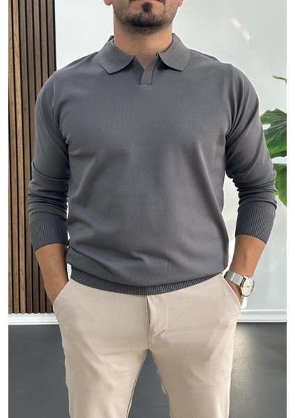 Erkek Açık Yaka Düz Desen Normal Kalıp Kazak Füme EDW423