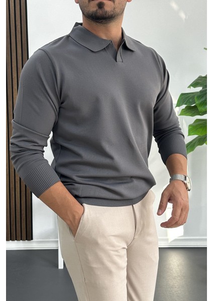 Erkek Açık Yaka Düz Desen Normal Kalıp Kazak Füme EDW423 fiyatları