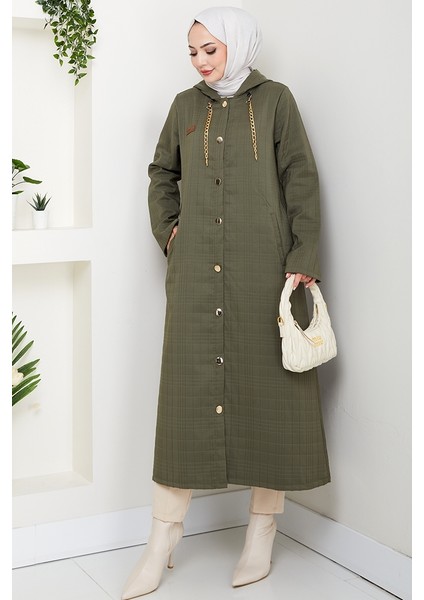 Zincir Detay Düğmeli Kapitone Kap 1647 - Haki