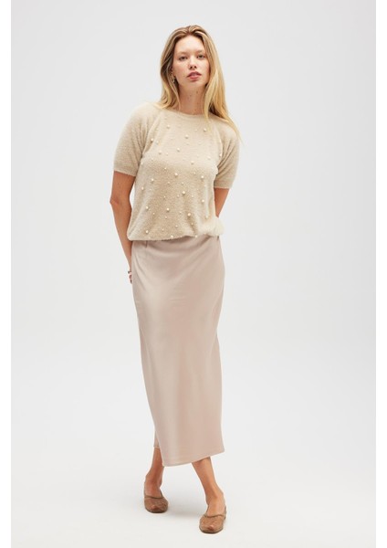 Emilia Kadın Triko Inci Süslemeli Bluz - Bej