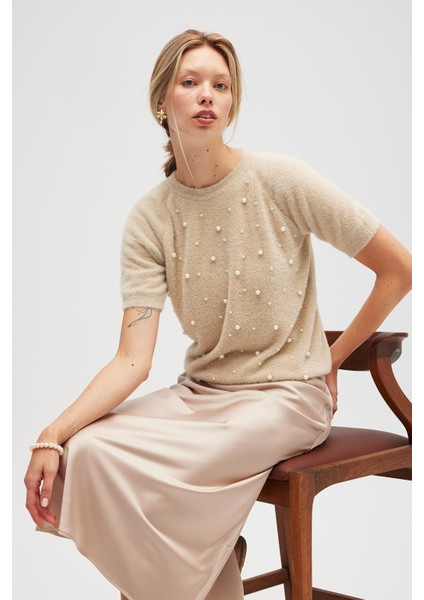 Emilia Kadın Triko Inci Süslemeli Bluz - Bej modelleri