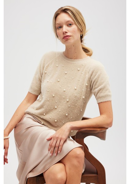 Emilia Kadın Triko Inci Süslemeli Bluz - Bej fırsatları