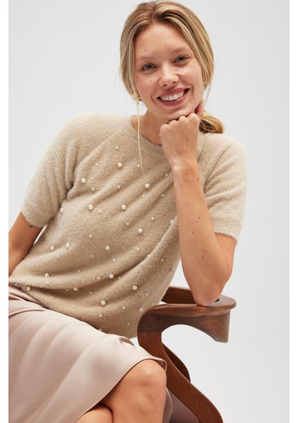 Emilia Kadın Triko Inci Süslemeli Bluz - Bej indirimleri