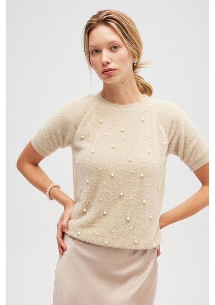Emilia Kadın Triko Inci Süslemeli Bluz - Bej