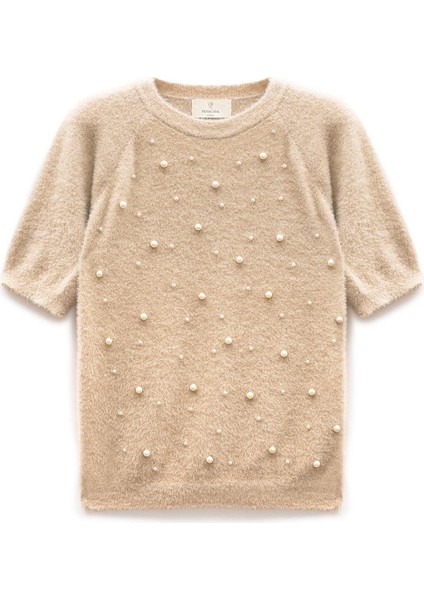Emilia Kadın Triko Inci Süslemeli Bluz - Bej