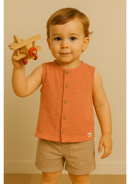 Müslin Kolsuz Gömlek Şort Takım 6-9/9-12/18-24/24-36 Ay