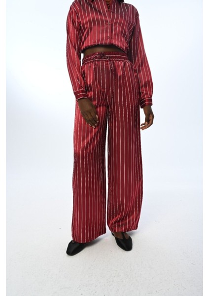 Kadın Beli Lastikli Bol Paça Çizgili Pantolon