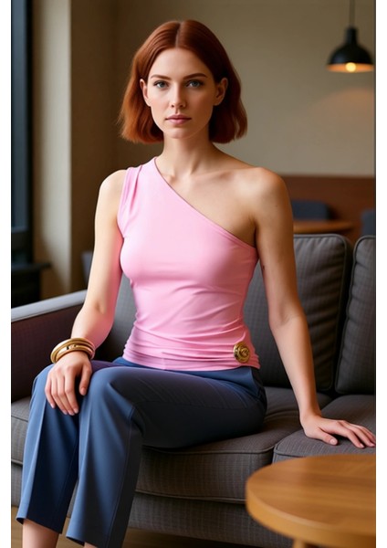 Asimetrik Kesim Tek Kol Detaylı Kadın Bluzu Deniz Kabuğu Aksesuarlı Örme Kaliteli Şık Rahat